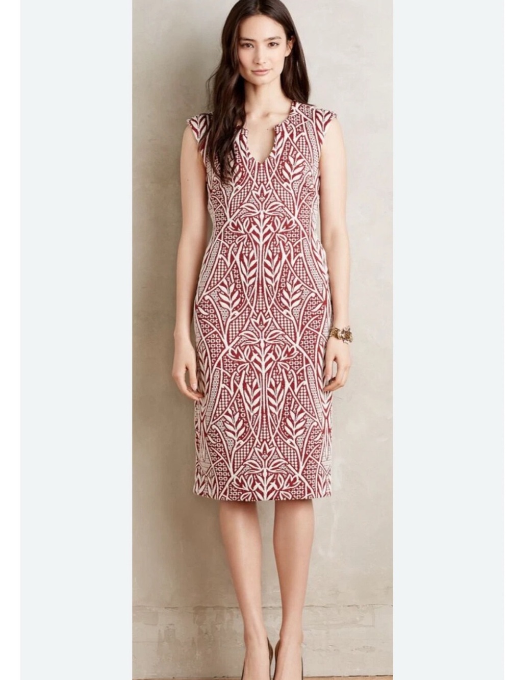HD in Paris Red and White Patterned Midi Dress Anthropologie 4